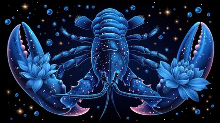 a painting of a blue lobster with blue flowers on it's back and a star filled sky in the background. - obrazy, fototapety, plakaty