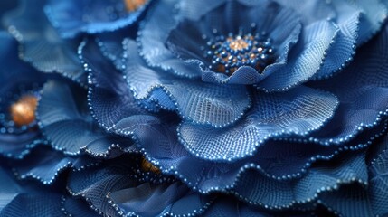 a close up of a blue flower with pearls on it's center and petals on it's petals.