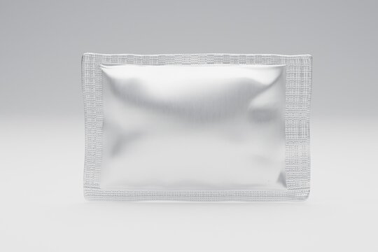 Blank white foil bag for snack package on white gray background. mockup template 3D render Illustration