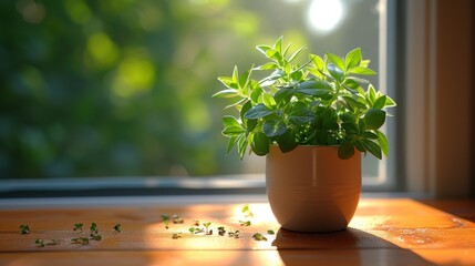 a close up of a potted plant on a table near a window with sunlight streaming through the windowsill.
