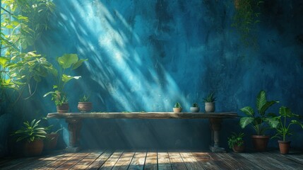 a painting of a table with potted plants on it in a room with blue walls and sunlight streaming through the window.