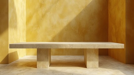 a concrete bench sitting in a corner of a room with a yellow wall and a shadow cast on the wall.