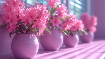 a row of vases with pink flowers in them on a window sill in front of a pink wall.
