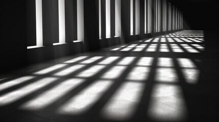 a black and white photo of the sun shining through the windows of a building with long shadows on the walls.