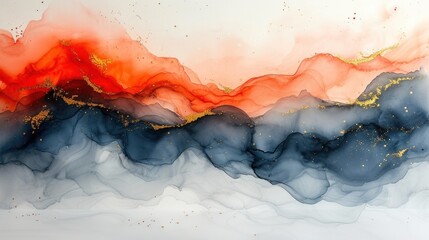 an abstract painting of orange, blue, and black smoke with gold flecks and glitters on a white background.