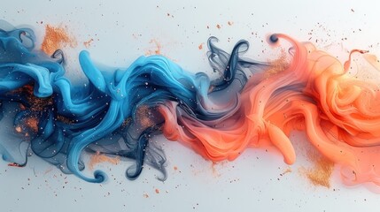 a mixture of blue, orange, and red liquid floating on top of each other in front of a white background.