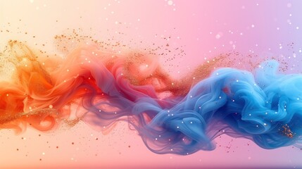 a blue, orange, and pink colored substance floating in the air with bubbles on a pink and blue background.