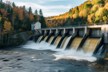 Autumnal Hydroelectric Dam Amidst Vibrant Foliage