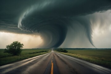 A tornado swirling menacingly over a deserted road