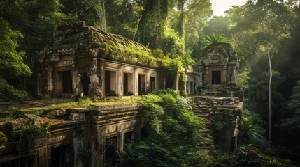 Fototapeta na wymiar A majestic temple engulfed by a thriving jungle, its walls covered in lush green vegetation, creating a breathtaking landscape for adventurous travelers