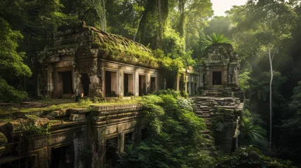 Fotobehang A majestic temple engulfed by a thriving jungle, its walls covered in lush green vegetation, creating a breathtaking landscape for adventurous travelers © ChaoticMind