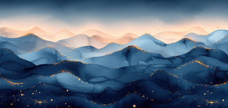 a painting of a mountain range at night with stars in the sky and a full moon in the sky above it.