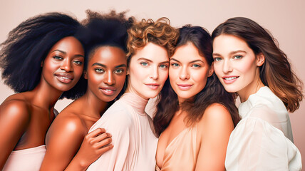 Fototapeta premium Diverse group of women in pastel attire embracing, showcasing unity and friendship.