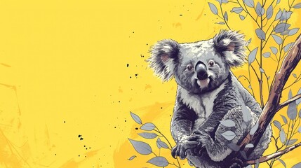 a painting of a koala sitting on a tree branch with its mouth open and tongue out, with a yellow background.