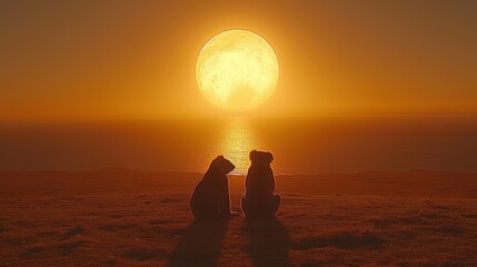 a couple of dogs sitting next to each other on top of a sandy beach under a yellow and orange sun.