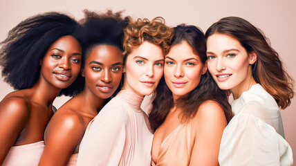 Fototapeta premium Multicultural women in soft tones symbolize solidarity, empowerment, and cultural harmony.