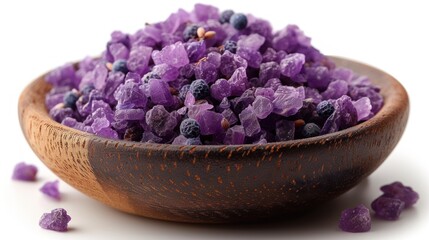 Obraz na płótnie Canvas a wooden bowl filled with purple crystals on top of a white table next to a wooden bowl filled with blueberries.