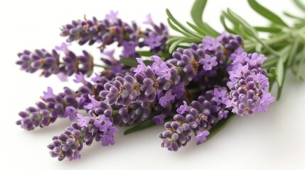 a bunch of lavender flowers laying next to each other on a white surface with green stems in the foreground.