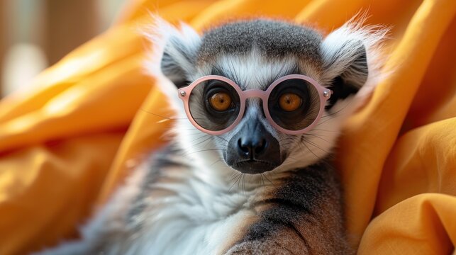 A Close Up Of A Small Animal Wearing A Pair Of Pink Glasses On Top Of It's Head With A Blanket In The Background.