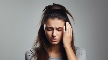 A young woman with a headache holding head, isolated on white background