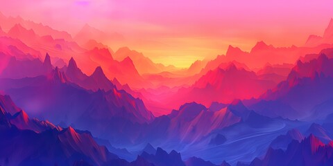 purple and orange mountains have a sunset, in the style of photorealistic landscapes, red and azure, high quality photo, multi-layered, hazy, sunrays shine upon it, sky-blue and magenta 