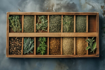 This image showcases an assortment of fresh and dried herbs and spices. They are neatly organized in wooden compartments, ready for culinary use