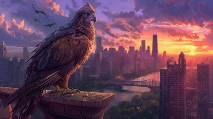 As the sky turns from vibrant oranges to deep purples, a majestic eagle perches on a ledge, surveying the bustling cityscape below - Powered by Adobe