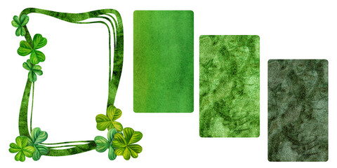 Watercolor vintage fantasy frame with hand drawn four leaf clover for St. Patrick's Day for good luck, for invitation card template, announcements, magic games, fairy tales, book titles, scrapbooking