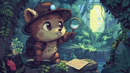 A whimsical animated illustration featuring a clever cartoon animal, holding a magnifying glass and...
