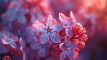 a close up of a bunch of flowers with pink and blue flowers in the foreground and a blurry background.