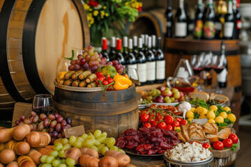 A sumptuous spread of fresh fruits, vegetables, and wines arranged aesthetically. The vibrant colors and variety offer a visual feast, highlighting quality and freshness.