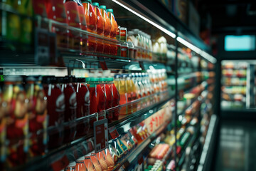 Long supermarket aisle filled with drinks and beverages. Concept of shopping and prices going up, things getting more expensive.  - obrazy, fototapety, plakaty