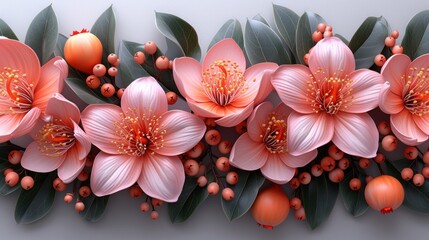 a close up of a bunch of flowers with leaves on a white background with orange berries on the bottom of the flowers.