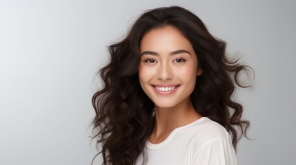 Naklejka premium Close-up portrait of yong woman casual portrait in positive view, big smile, beautiful model posing in studio over white background.