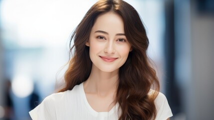 Fototapeta premium Close-up portrait of yong woman casual portrait in positive view, big smile, beautiful model posing in studio over white background.