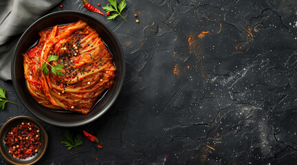 korean traditional food spicy kimchi cabbage, top view, dark background, space for text - obrazy, fototapety, plakaty