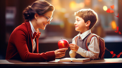 Fototapeta premium teacher's day boy handing a red apple to his teacher