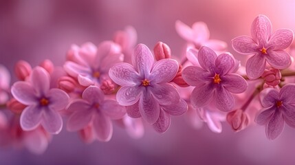 a close up of a bunch of pink flowers on a twig with a blurry background of pink flowers on a twig.