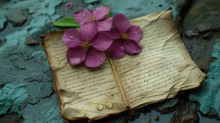 a close up of a book with a flower on top of it and water droplets on the bottom of the book.