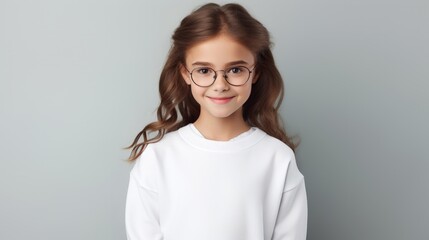 Obraz premium Happy girl in white pullover looking at camera with smile