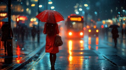 a woman in a red dress walking down the street in the rain with an umbrella over her head and a bus in the background.
