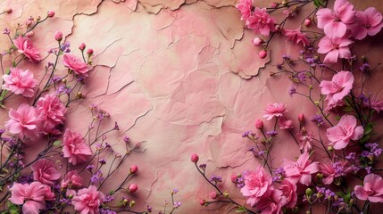 a painting of pink flowers on a pink wall with peeling paint 