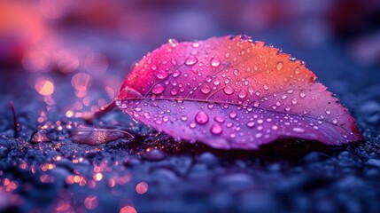 a close up of a purple and red leaf with drops of water on the leaves and the background is blurry.