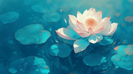 Fototapeta na wymiar Lotus flower with bright white and pink petals floating on a serene blue pond with lily pads and specks of light