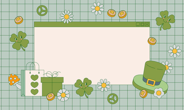 St. Patrick's Day day sale background, green clover vector background. Irish holiday celebration. Interface of old computer of the 90s, 2000s retro style for a St. Patrick's Day sale background