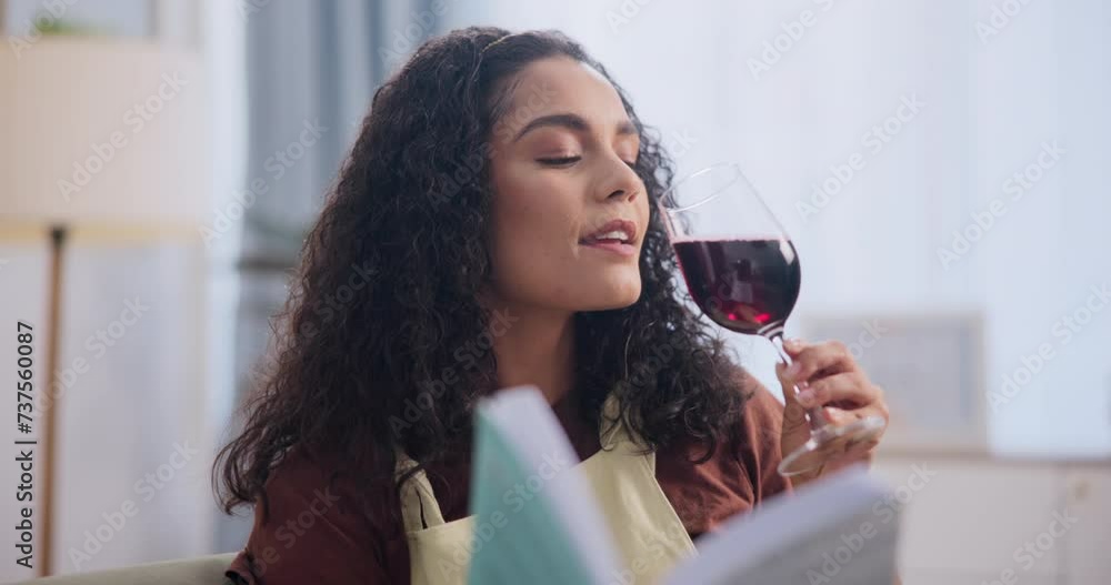 Wall mural Woman, smile and red wine with reading book on sofa, positive and with literature in home. Lady, happiness and drinking alcohol on holiday to relax, weekend and romance novel for calm in apartment