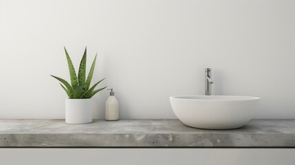 Fototapeta na wymiar Minimalistic Bathroom with Concrete Countertop and Potted Plant