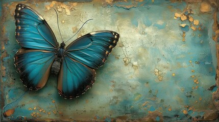 a blue butterfly sitting on top of a blue and rusted piece of metal with gold flecks on it's wings.