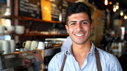 Fototapeta premium Male small business owner smiling at the camera while standing in front of his coffee shop