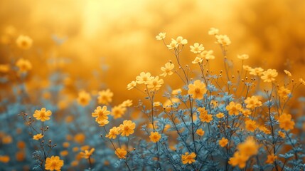 a field of yellow and blue flowers with a yellow and yellow sky in the backgrounnd of the picture.